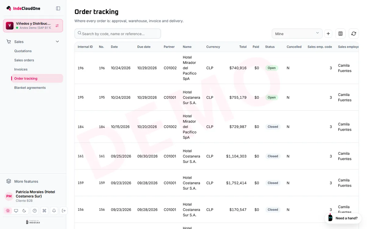 B2B portal: the customer follows their orders and invoices