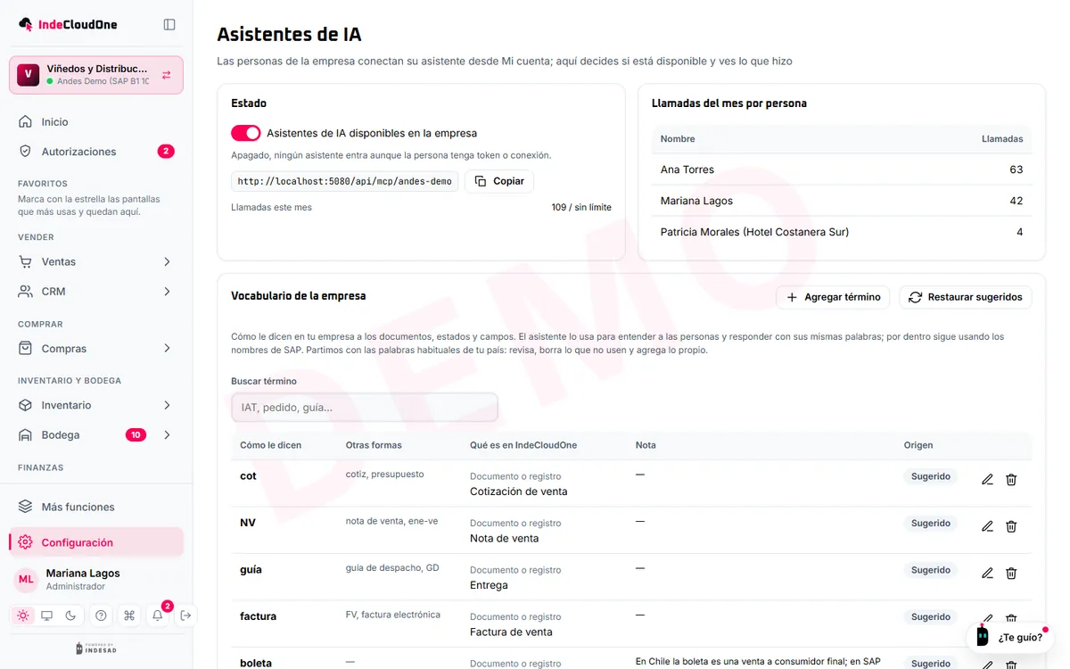 Configuración › Asistentes de IA: encendido, consumo por persona y lo que hicieron los asistentes