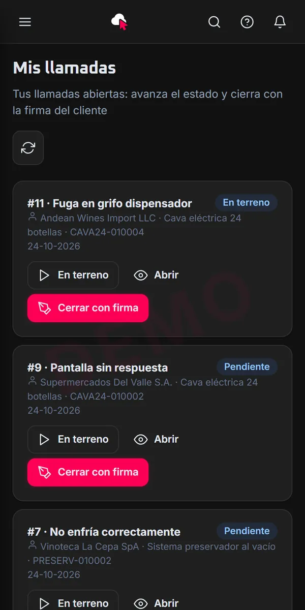Llamadas de servicio asignadas al técnico, en el teléfono