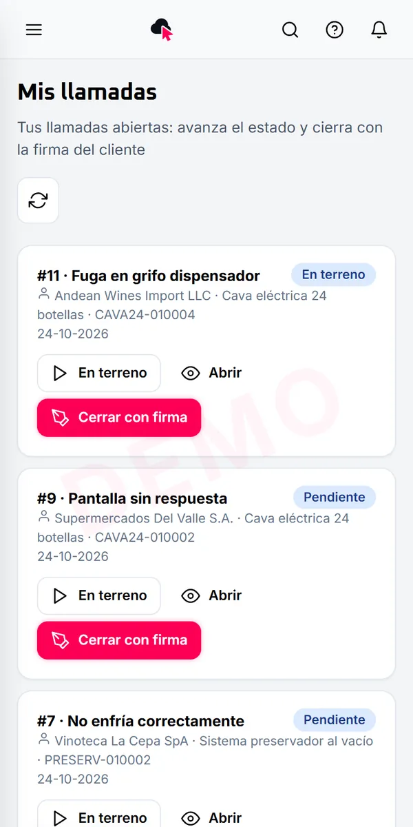 Llamadas de servicio asignadas al técnico, en el teléfono