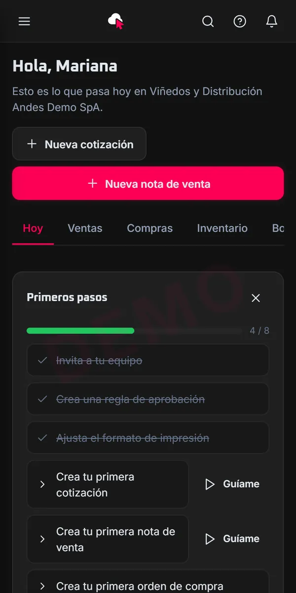 Inicio de IndeCloudOne en el teléfono