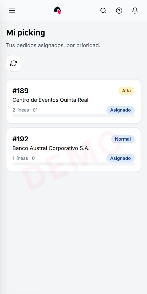 Picking en el teléfono del operario de bodega, con los pedidos por prioridad