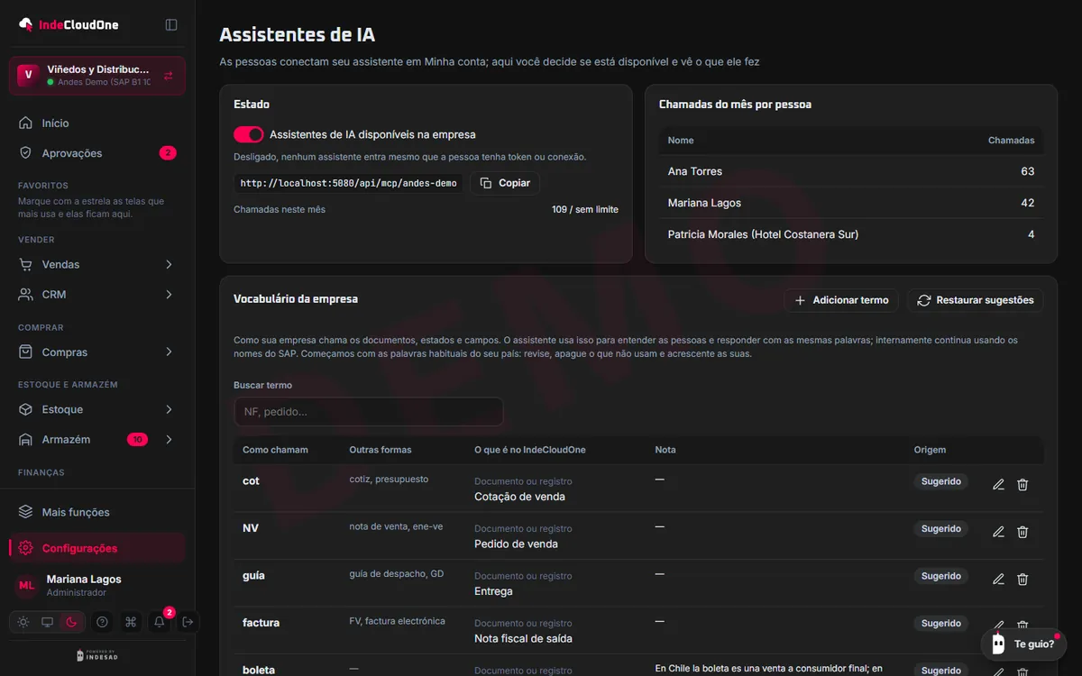 Configuração › Assistentes de IA: ativação, consumo por pessoa e o que os assistentes fizeram