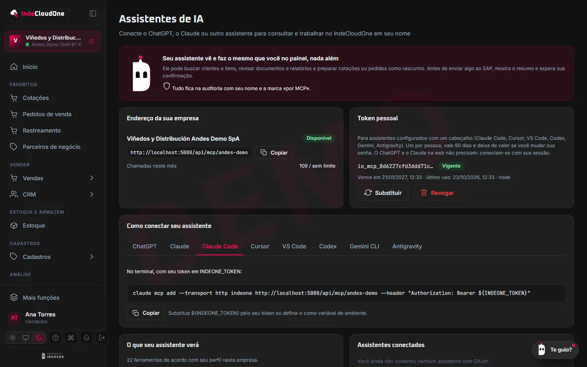 Minha conta › Assistentes de IA: como conectar um assistente e as ferramentas que ele pode usar