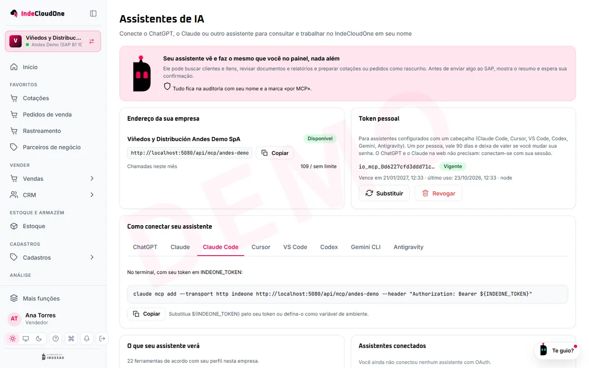 Minha conta › Assistentes de IA: como conectar um assistente e as ferramentas que ele pode usar