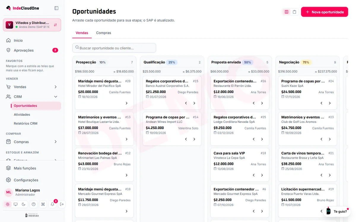Oportunidades do CRM por etapa