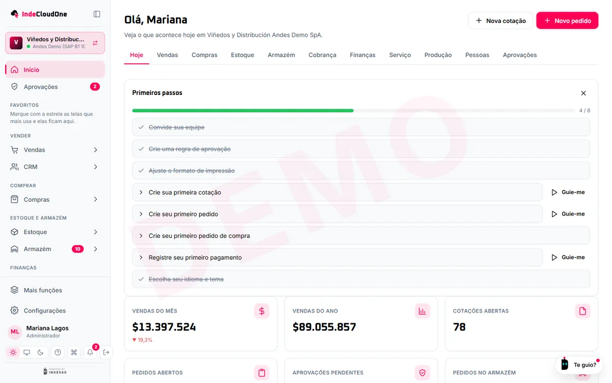 Início do IndeCloudOne no computador: vendas do mês, cotações e pedidos de venda abertos, aprovações pendentes e pedidos no depósito